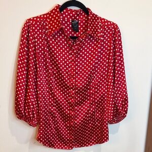 THX Chic Red Polka Dot Satin Blouse with Elastic Sleeves, M- 50s Retro, Art Deco